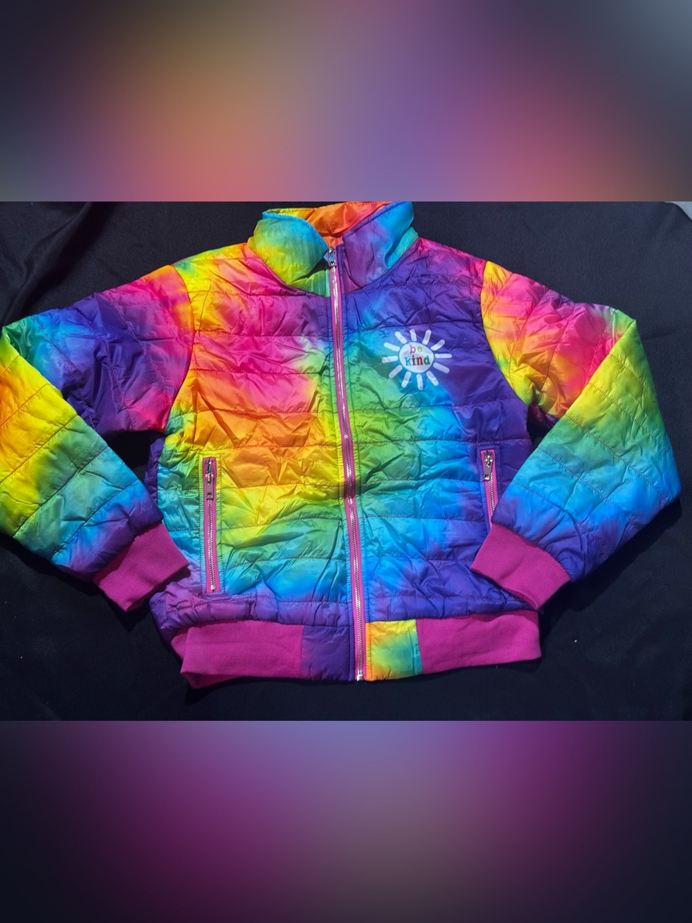 Tie-Dye Rainbow Puffer Jacket - Be Kind Graphic